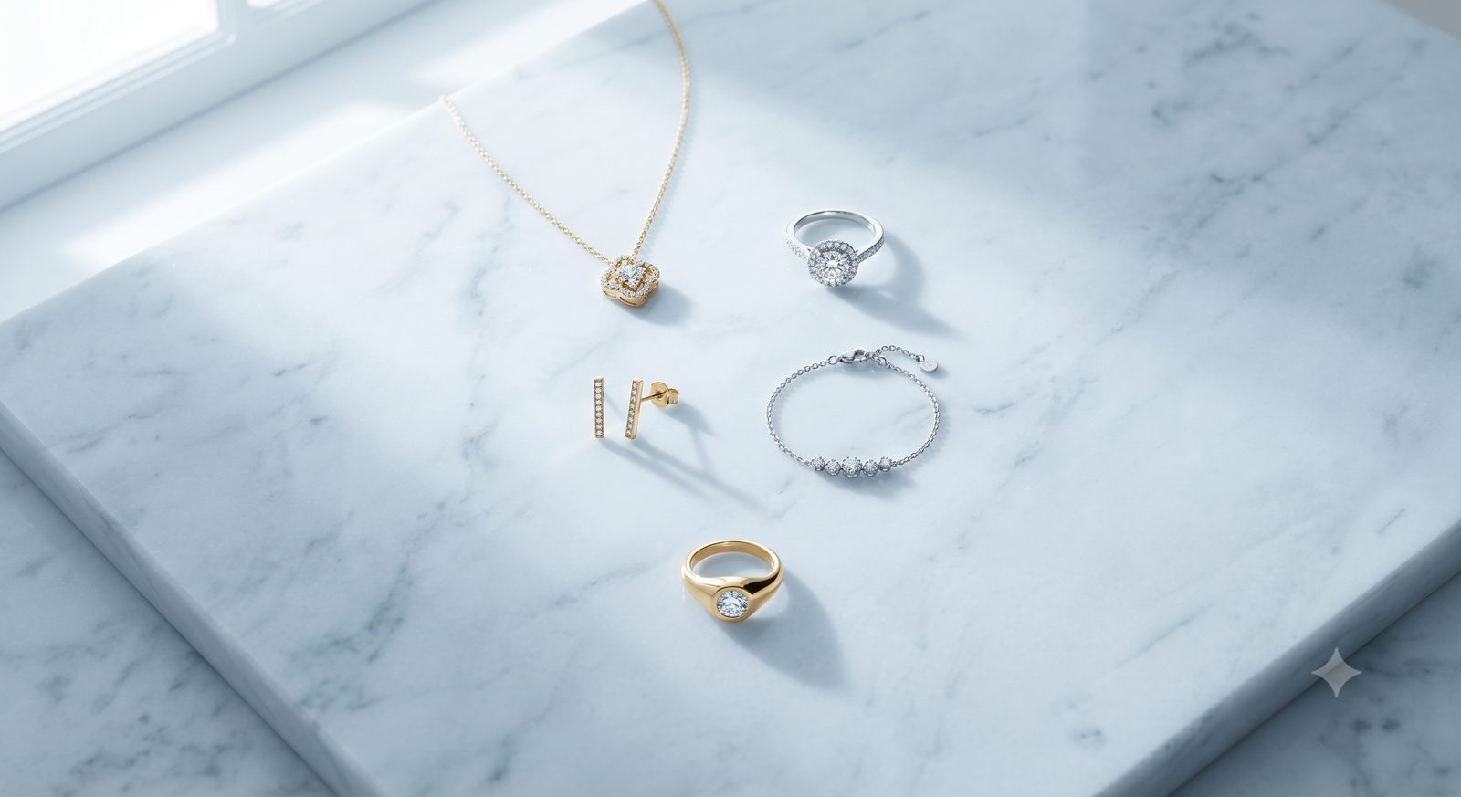 Editorial flat-lay of fine jewellery