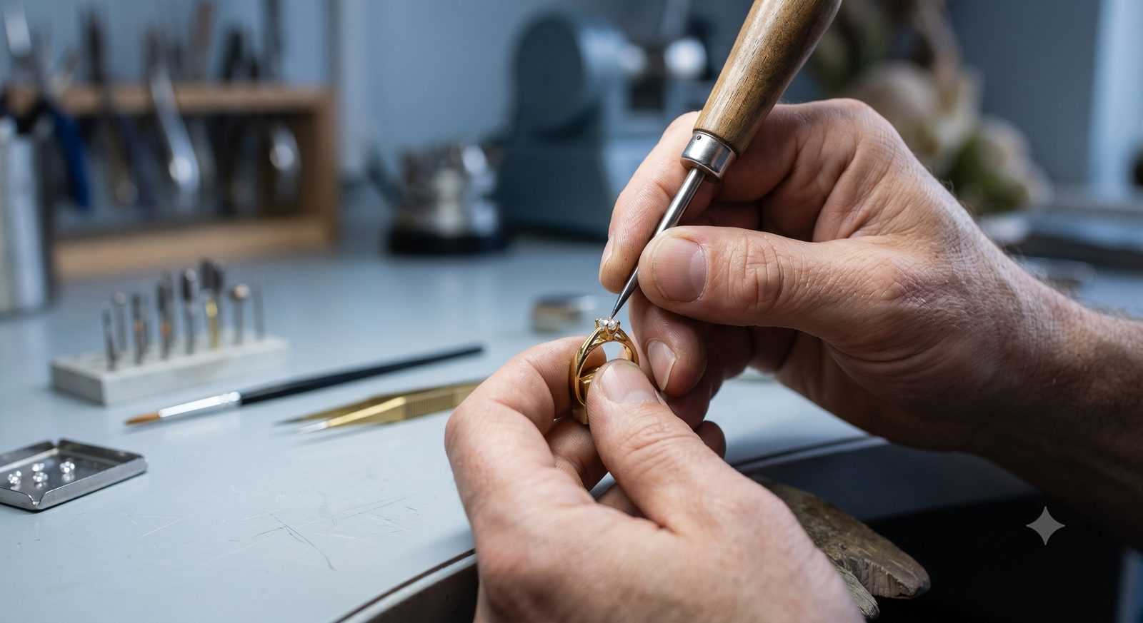 Master artisan setting a stone at the bench
