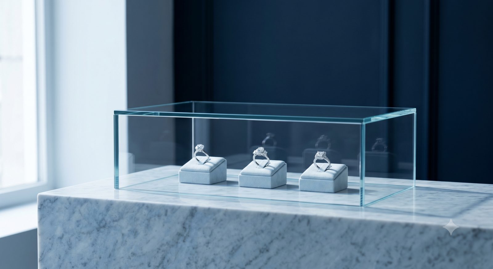 Showroom counter, diamond rings under soft daylight