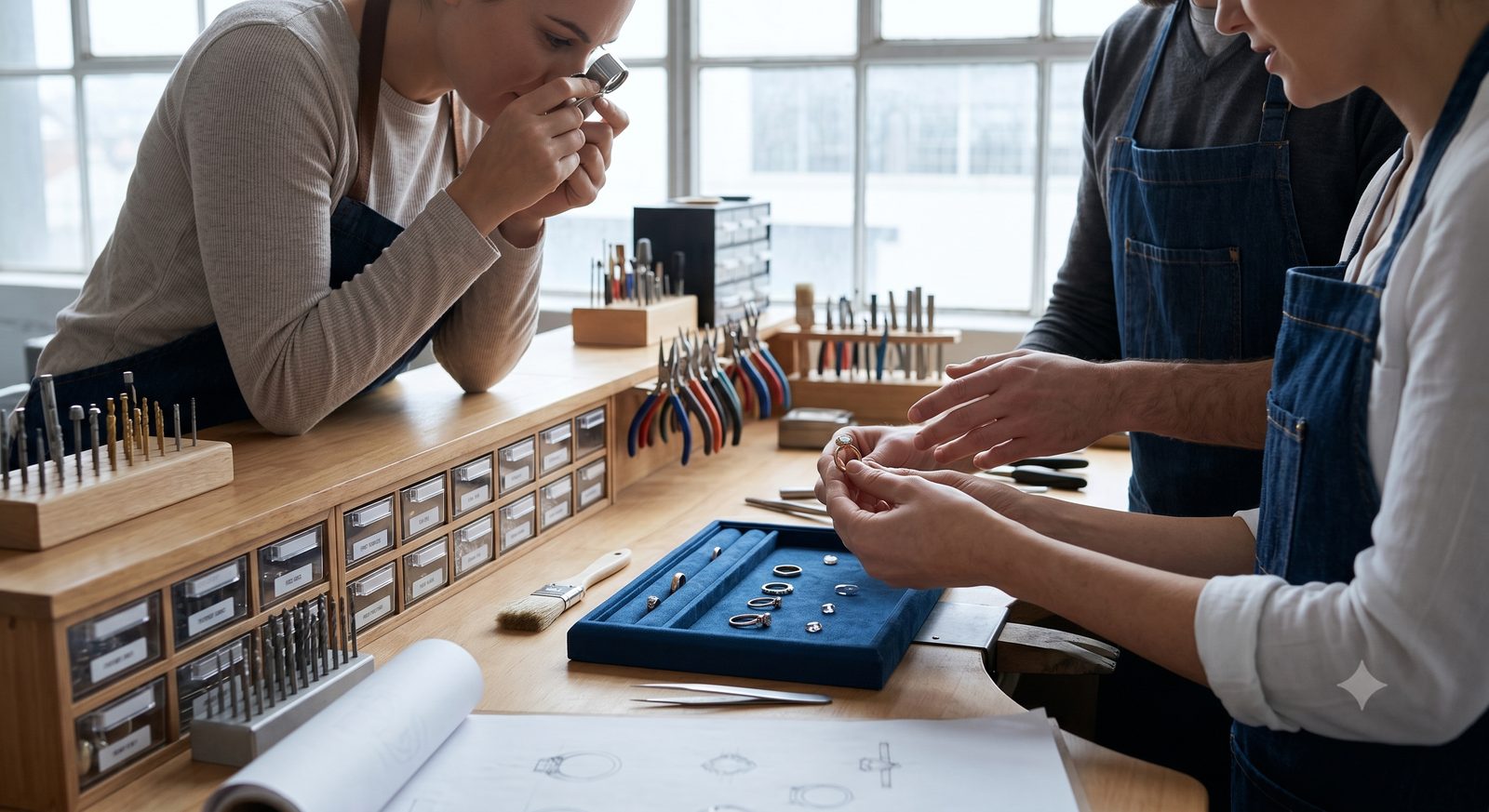 Team reviewing a sample at the bench
